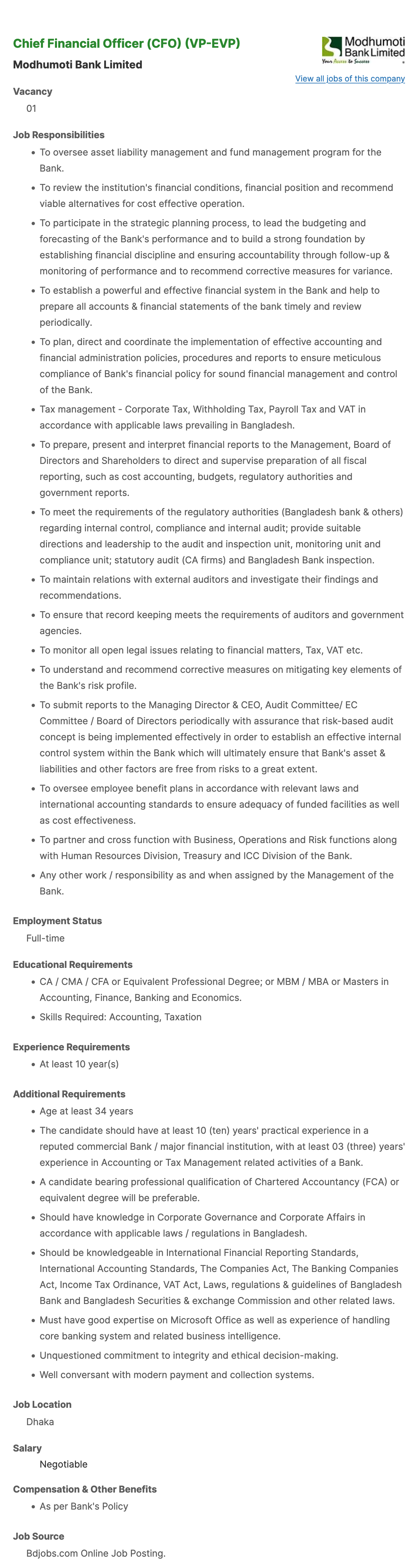 2023 Modhumoti Bank Job Circular 